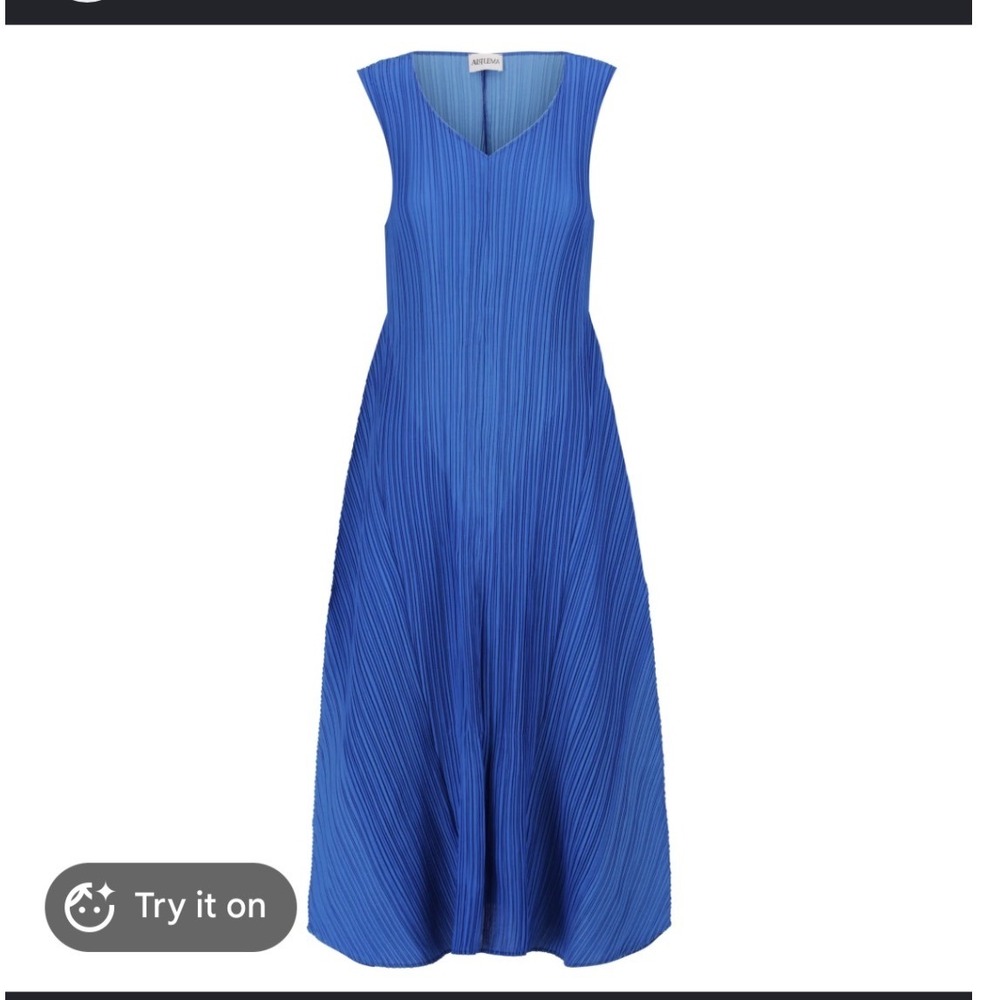 Alquema Pleated V-Neck Ombre Midi Dress Sky to Indigo Blue Handmade NWT